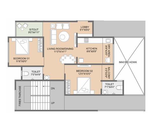 Floor plan of 2 BHK 750 Sq. Ft. Apartment in The Shashwat, Pune