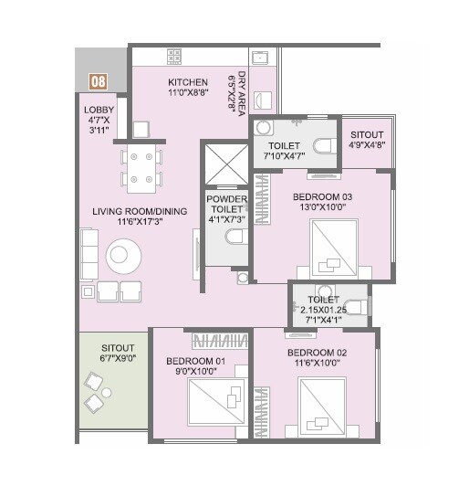 Floor plan of 3 BHK 863 Sq. Ft. Apartment in The Shashwat, Pune
