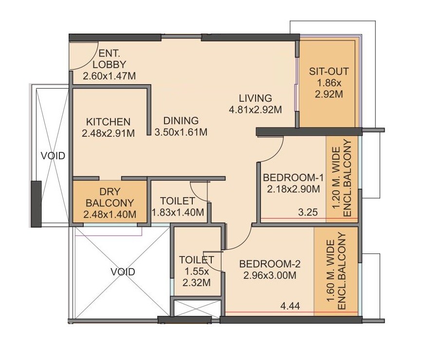 Floor plan of 2 BHK 827 Sq. Ft. Apartment in Shree Venkatesh Graffiti Glover, Pune