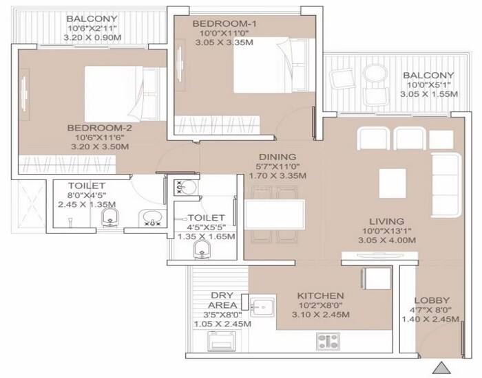 2 BHK 678 Sq. Ft. Apartment