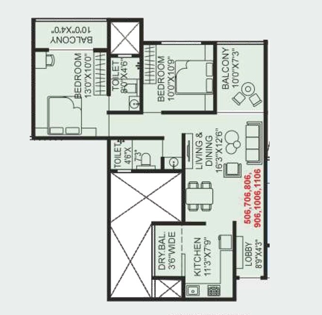 Floor plan of 2 BHK 875 Sq. Ft. Apartment in Shree Wakad Central Park, Pune