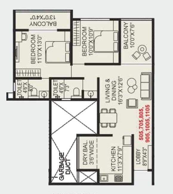 Floor plan of 2 BHK 877 Sq. Ft. Apartment in Shree Wakad Central Park, Pune