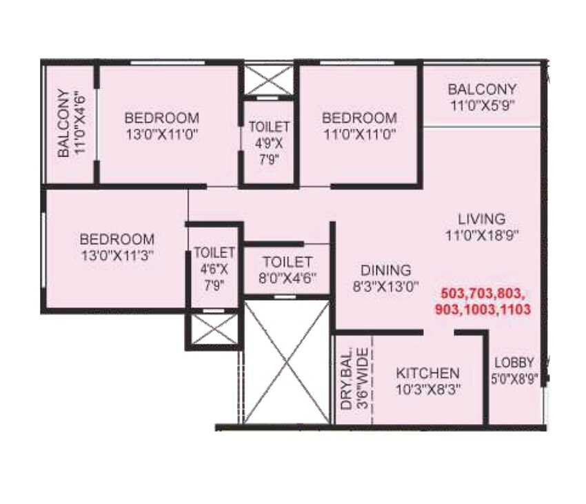 Floor plan of 3 BHK 1215 Sq. Ft. Apartment in Shree Wakad Central Park, Pune