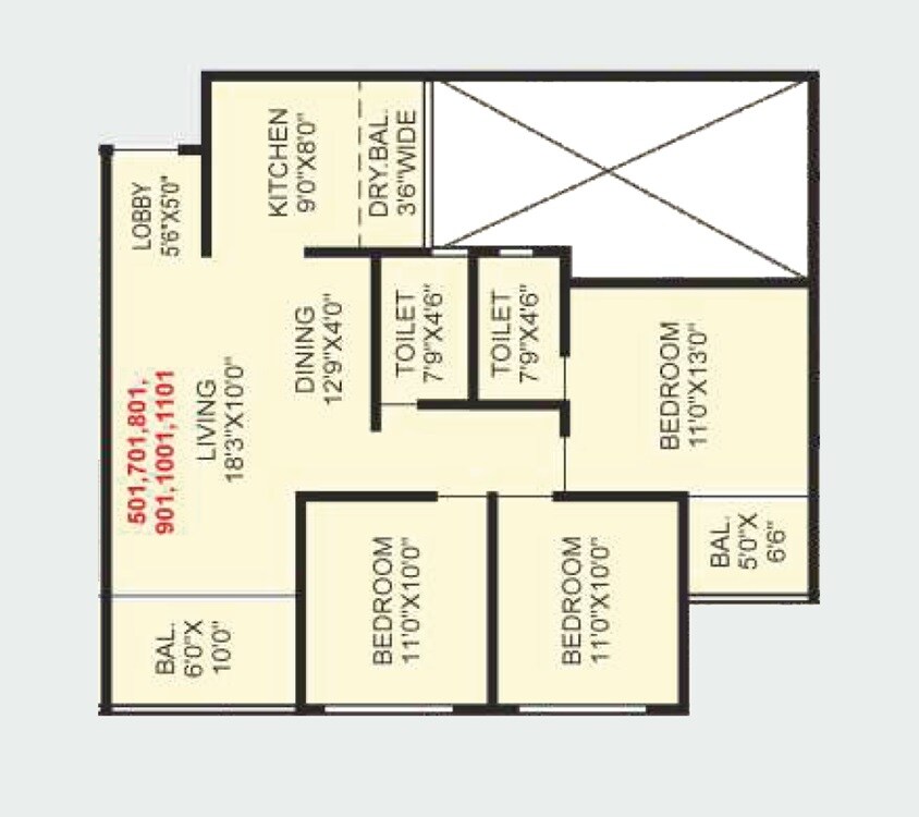 Floor plan of 3 BHK 993 Sq. Ft. Apartment in Shree Wakad Central Park, Pune