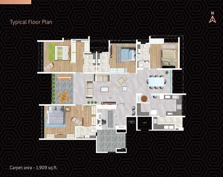 Floor plan of 4 BHK 1909 Sq. Ft. Apartment in Shreenathji Sai Anand, Pune