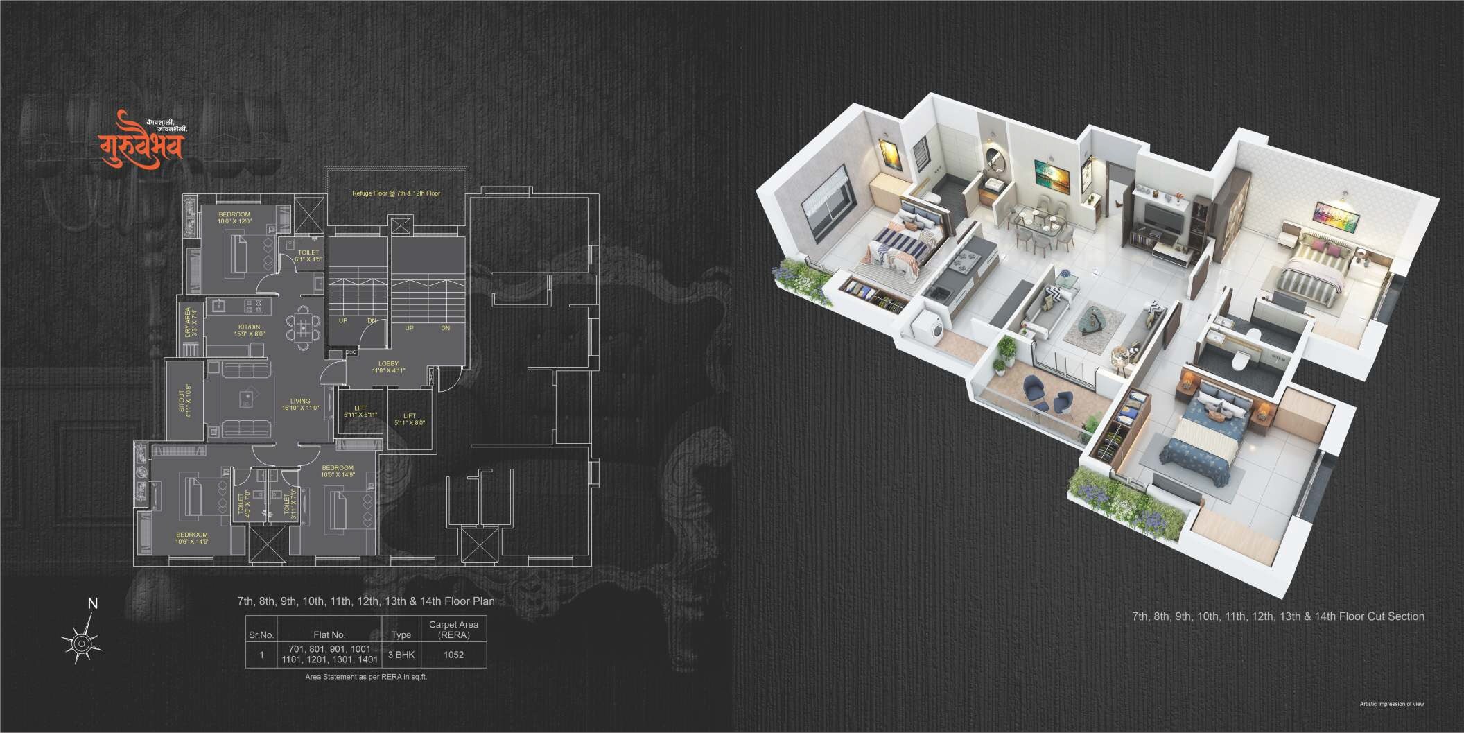 3 BHK 1052 Sq. Ft. Apartment