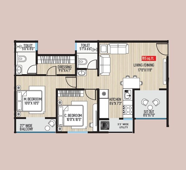 Floor plan of 2 BHK 785 Sq. Ft. Apartment in Shreepati Heritage Balewadi, Pune
