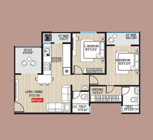 Floor plan of 2 BHK 849 Sq. Ft. Apartment in Shreepati Heritage Balewadi, Pune