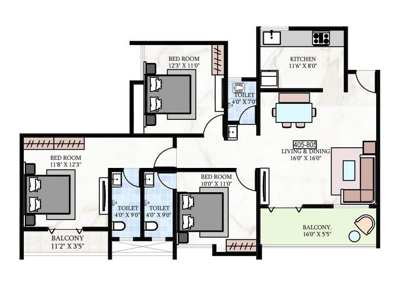 Floor plan of 3 BHK 863 Sq. Ft. Apartment in Shreeram Shivalay, Pune