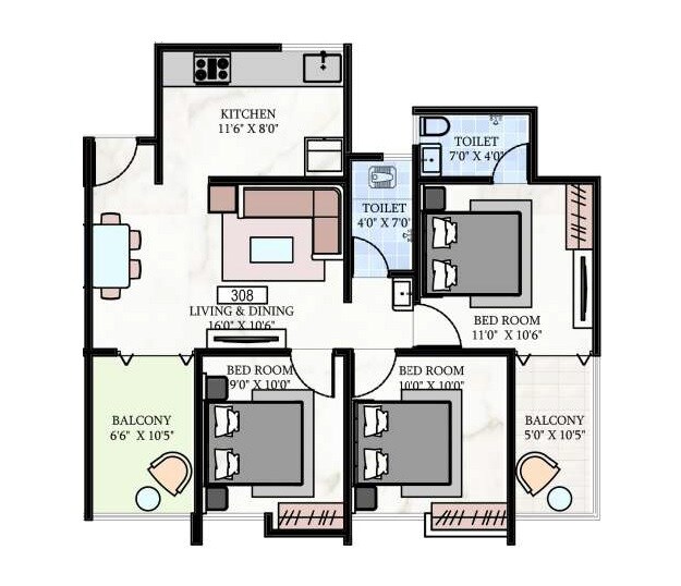 Floor plan of 3 BHK 833 Sq. Ft. Apartment in Shreeram Shivalay, Pune