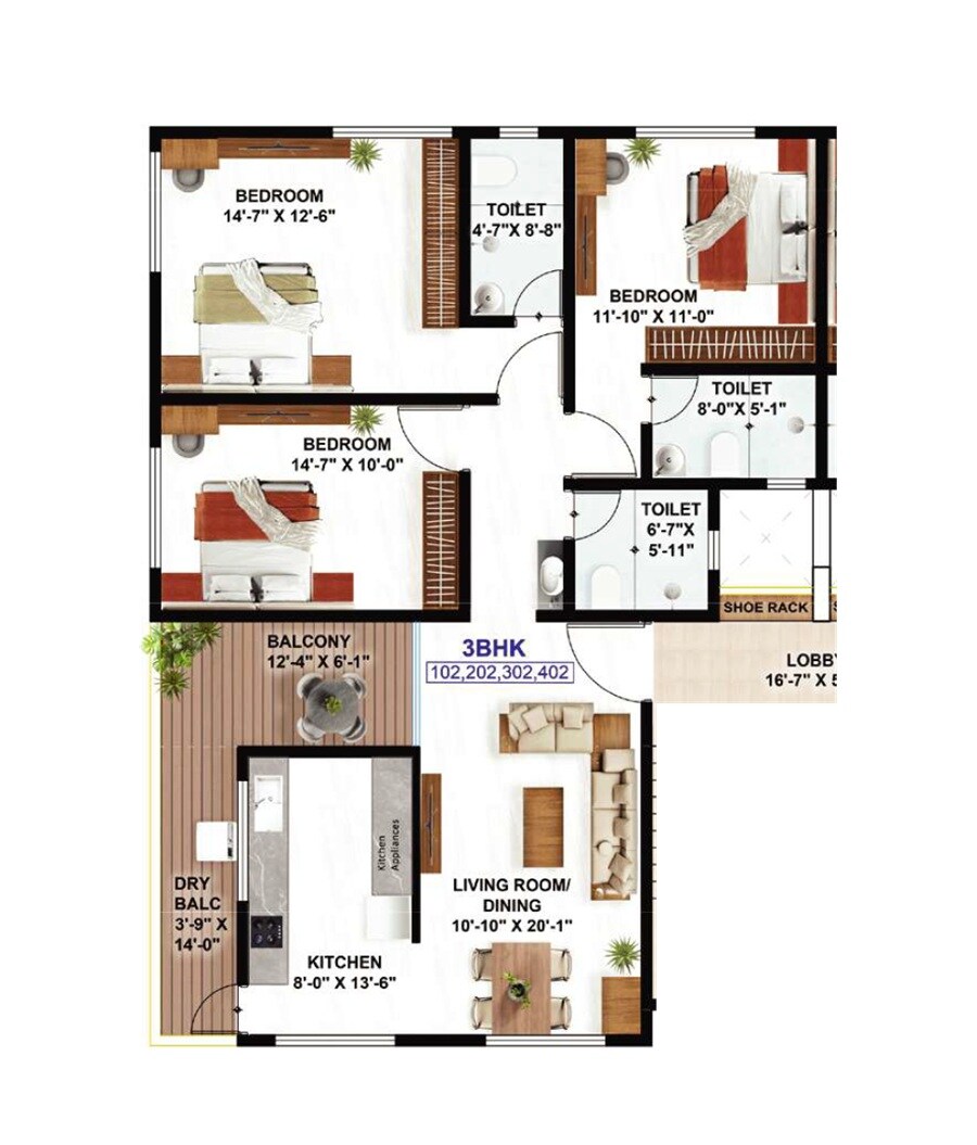Floor plan of 3 BHK 1186 Sq. Ft. Apartment in Shreesha Anushree, Pune
