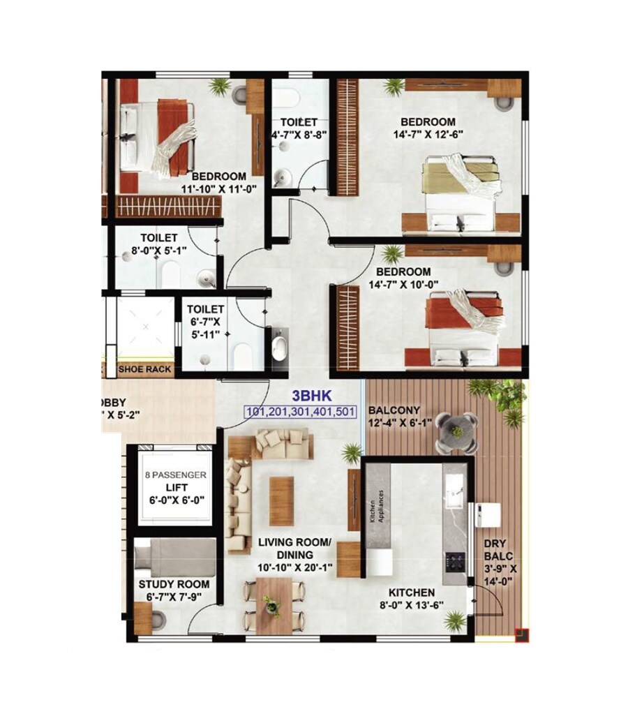Floor plan of 3 BHK 1241 Sq. Ft. Apartment in Shreesha Anushree, Pune