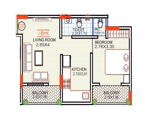 Floor plan of 1 BHK 443 Sq. Ft. Apartment in Shreeyash Madhav Park, Pune