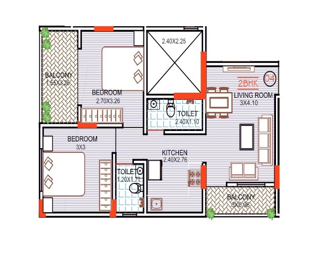 Floor plan of 2 BHK 593 Sq. Ft. Apartment in Shreeyash Madhav Park, Pune