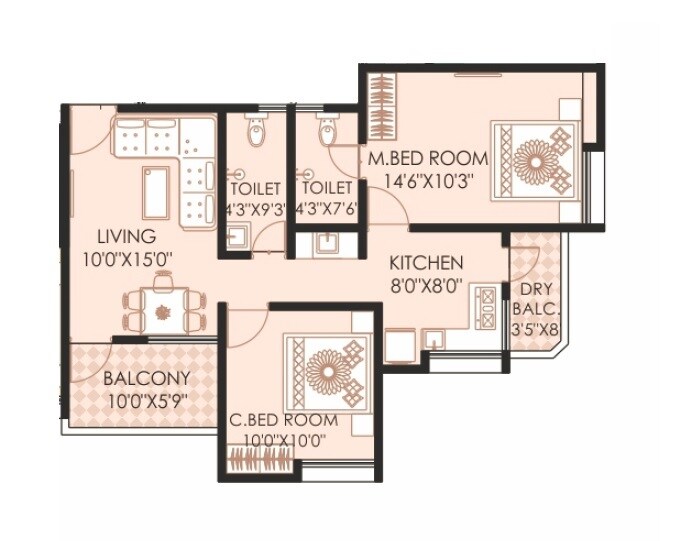 Floor plan of 2 BHK Apartment - 718 sq. ft. in Shri Balaji Siddhi, Pune