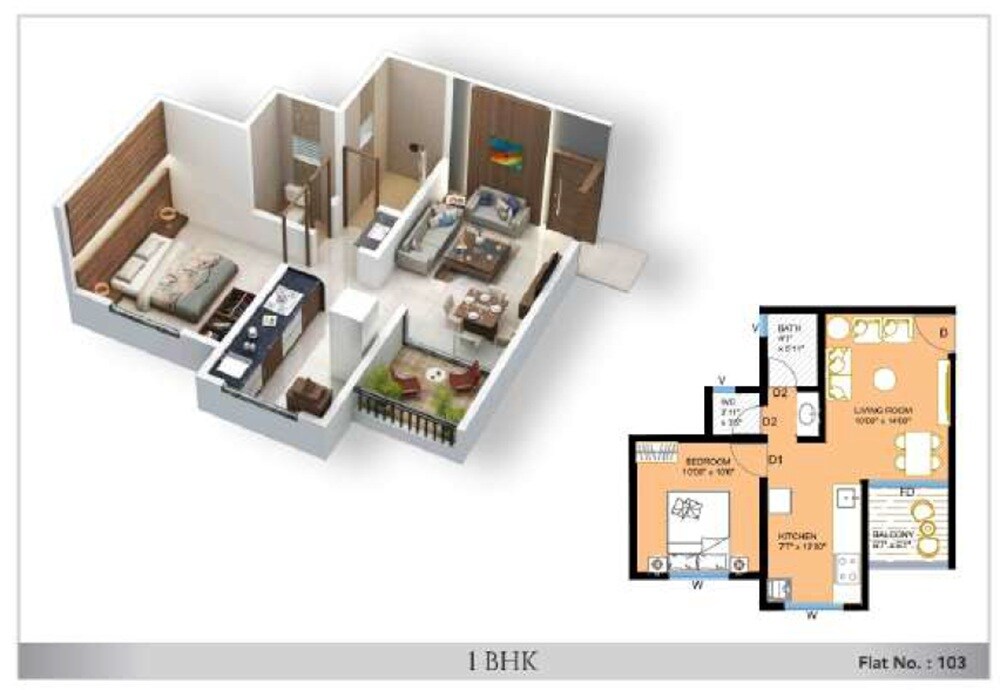 Floor plan of 1 BHK 446 Sq. Ft. Apartment in Shri Balaji Wisteria, Pune