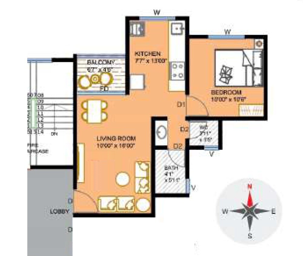 Floor plan of 1 BHK 474 Sq. Ft. Apartment in Shri Balaji Wisteria, Pune
