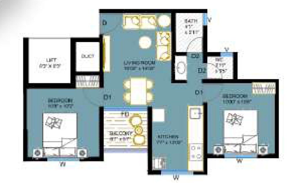 Floor plan of 2 BHK 567 Sq. Ft. Apartment in Shri Balaji Wisteria, Pune