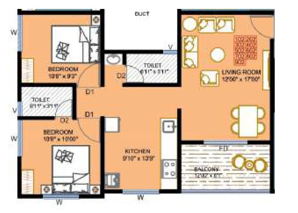 Floor plan of 2 BHK 737 Sq. Ft. Apartment in Shri Balaji Wisteria, Pune