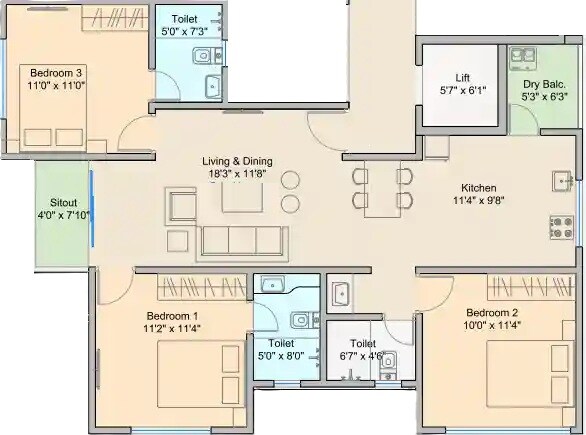 Floor plan of 3 BHK 907 Sq. Ft. Apartment in Shri Chandradeep Apartments, Pune