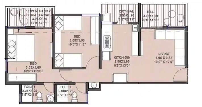 Floor plan of 2 BHK 722 Sq. Ft. Apartment in Shri Dattatraya CHS, Pune