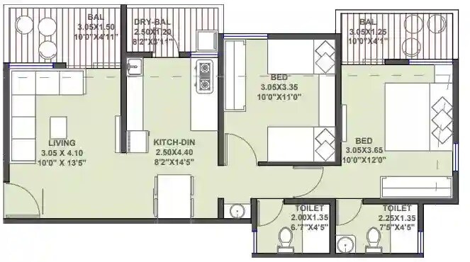 Floor plan of 2 BHK 754 Sq. Ft. Apartment in Shri Dattatraya CHS, Pune