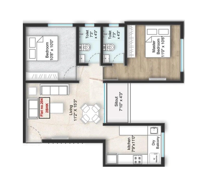 Floor plan of 2 BHK 629 Sq. Ft. Apartment in Shri Laxmi Ramraj, Pune