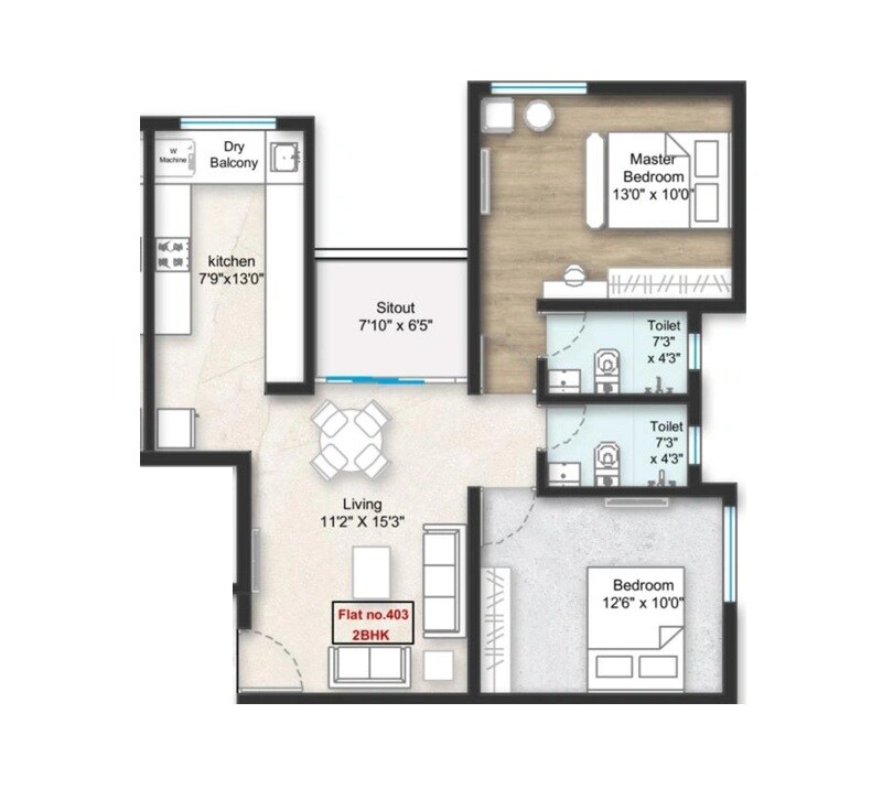 Floor plan of 2 BHK 700 Sq. Ft. Apartment in Shri Laxmi Ramraj, Pune
