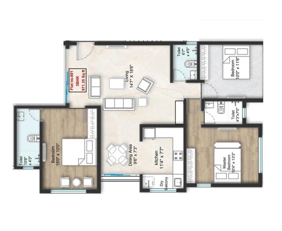 Floor plan of 3 BHK 1248 Sq. Ft. Apartment in Shri Laxmi Ramraj, Pune