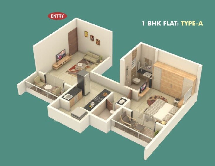 Floor plan of 1 BHK Apartment - 490 sq. ft. in Shri Radhe Krishna, Pune