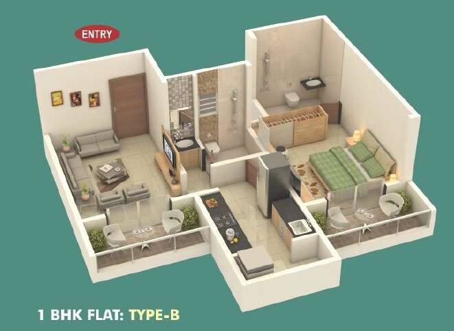 Floor plan of 1 BHK Apartment - 500 sq. ft. in Shri Radhe Krishna, Pune