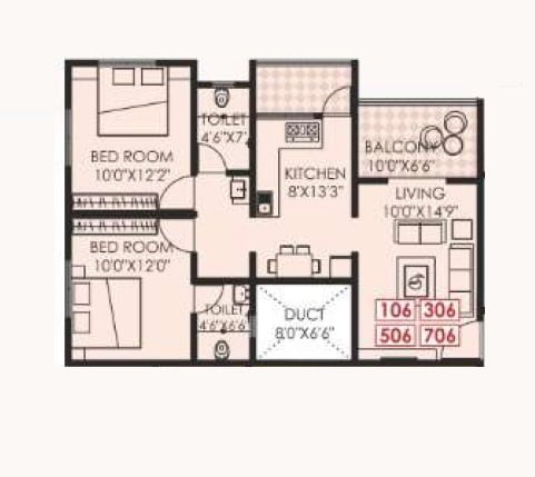 Floor plan of 2 BHK 729 Sq. Ft. Apartment in Shri Sadguru Kalpak Shrusti, Pune