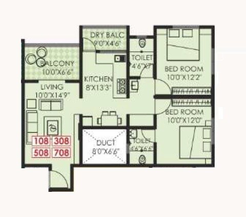 Floor plan of 2 BHK 827 Sq. Ft. Apartment in Shri Sadguru Kalpak Shrusti, Pune