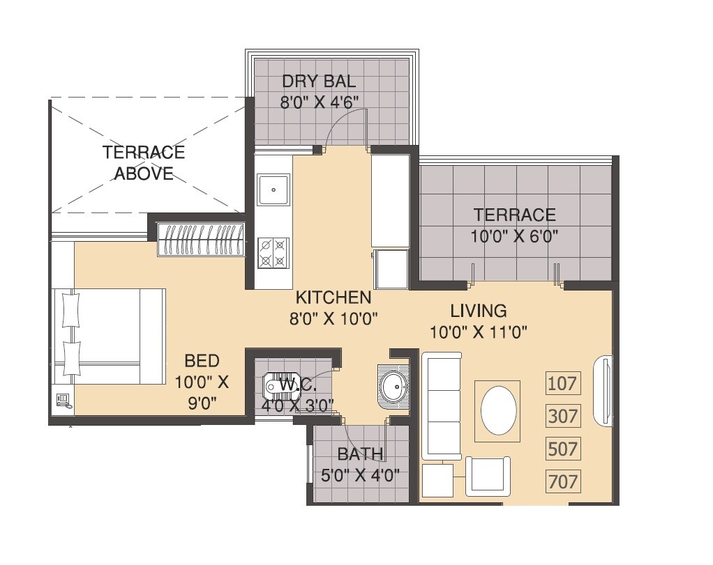 Floor plan of 1 BHK Apartment - 448 sq. ft. in Shri Sai Hills, Pune