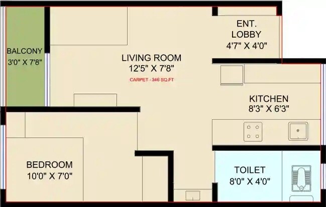 Floor plan of 1 BHK 346 Sq. Ft. Apartment in Shri Tathastu Homes, Pune