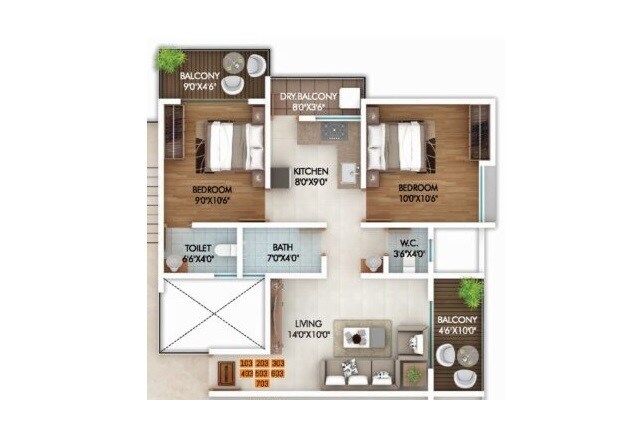 Floor plan of 2 BHK 558 Sq. Ft. Apartment in Shri Twilight Terrace, Pune