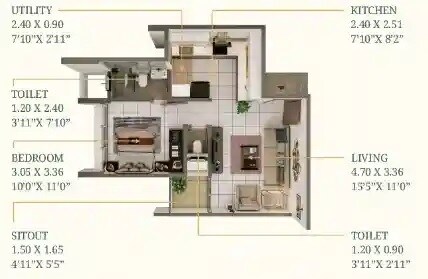Floor plan of 1 BHK 472 Sq. Ft. Apartment in Shridhar Radiance, Pune