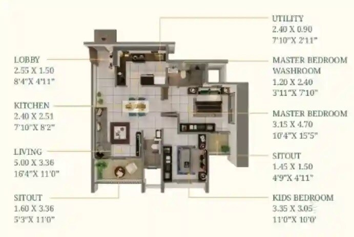 Floor plan of 2 BHK 795 Sq. Ft. Apartment in Shridhar Radiance, Pune