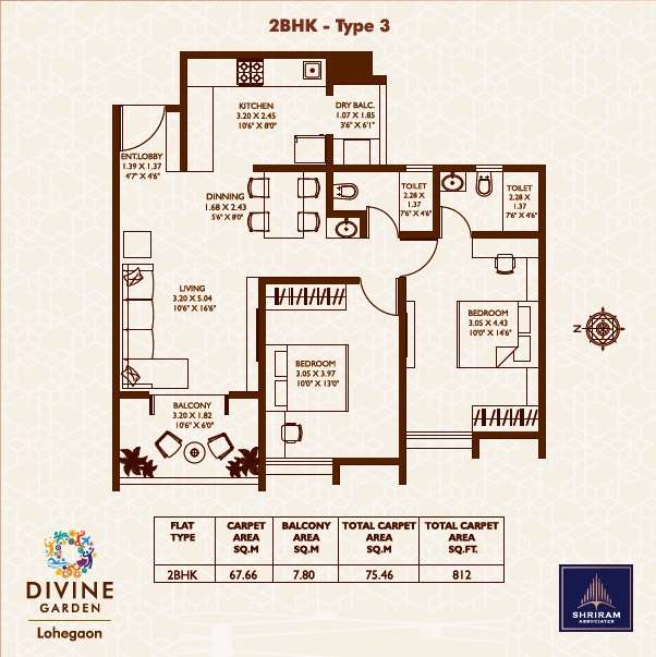 2 BHK 812 Sq. Ft. Apartment in Shriram Divine Garden