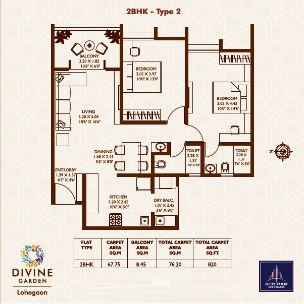 2 BHK 820 Sq. Ft. Apartment