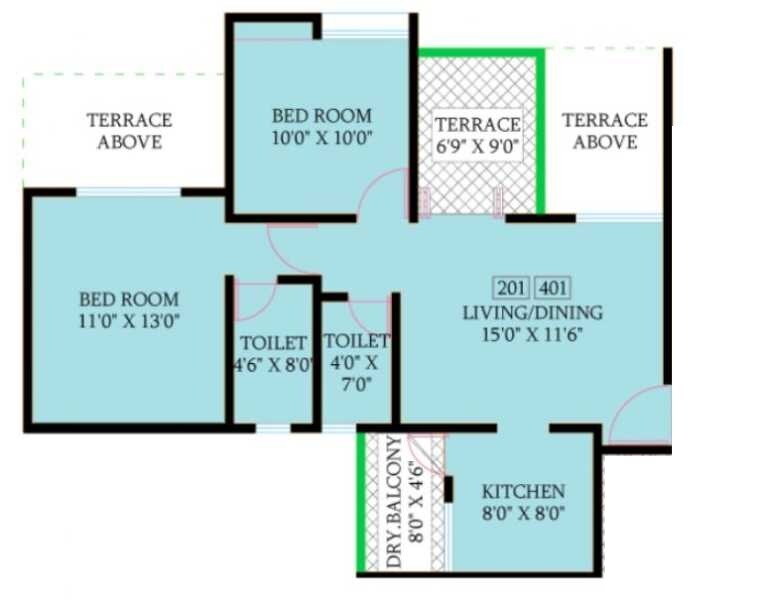 Floor plan of 2 BHK 925 Sq. Ft. Apartment in Shriram L-Square, Pune