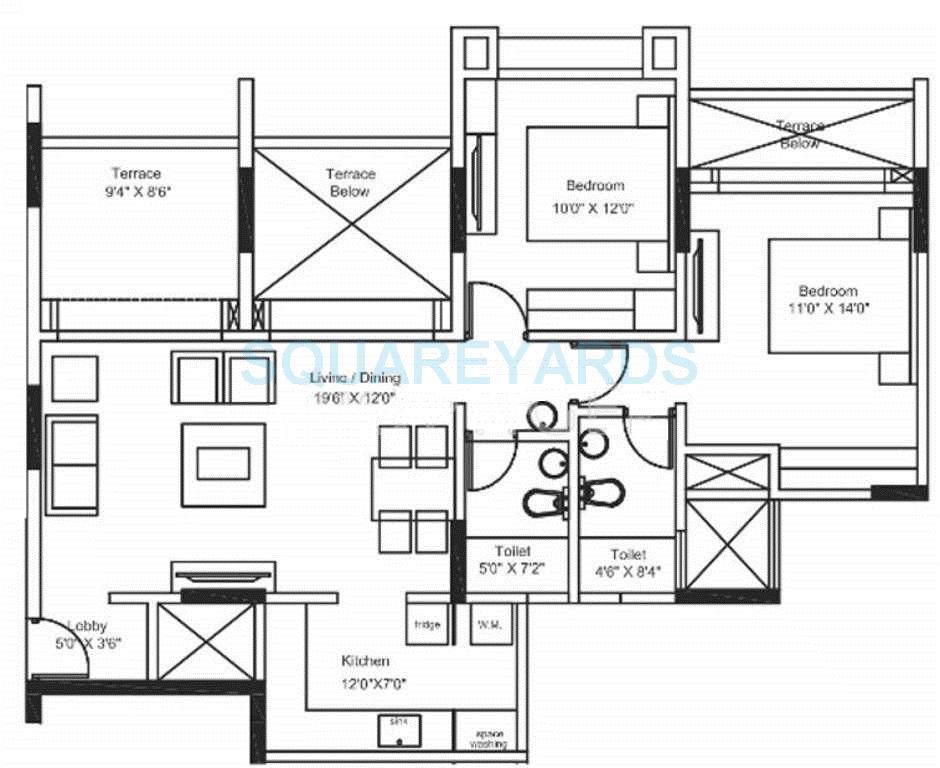 Floor plan of 2 BHK 1049 Sq. Ft. Apartment in Shriram 10 Vrindavan, Pune