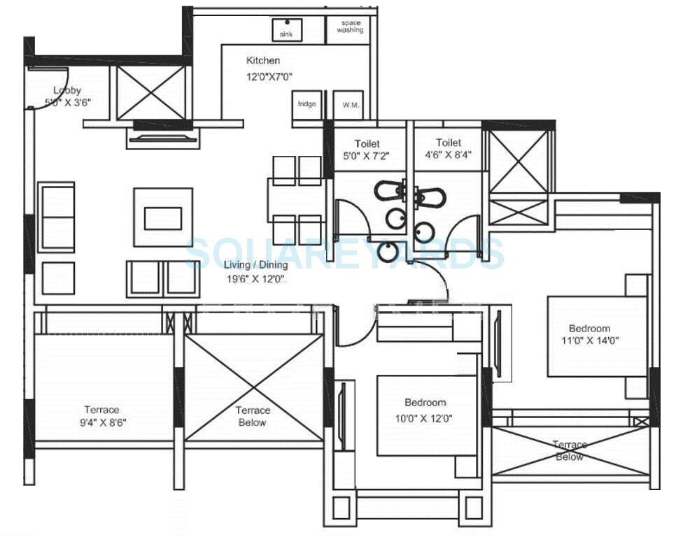 Floor plan of 2 BHK 1100 Sq. Ft. Apartment in Shriram 10 Vrindavan, Pune