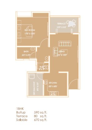Floor plan of 1 BHK 670 Sq. Ft. Apartment in Shriram Sai Shanti Park, Pune