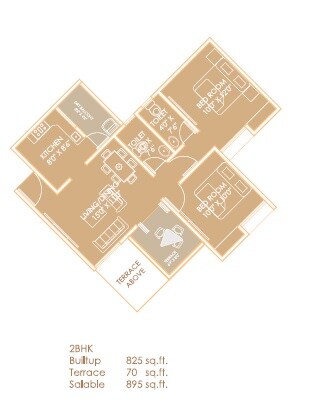 Floor plan of 2 BHK 895 Sq. Ft. Apartment in Shriram Sai Shanti Park, Pune