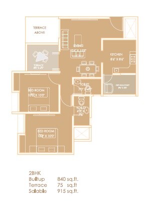 Floor plan of 2 BHK 915 Sq. Ft. Apartment in Shriram Sai Shanti Park, Pune