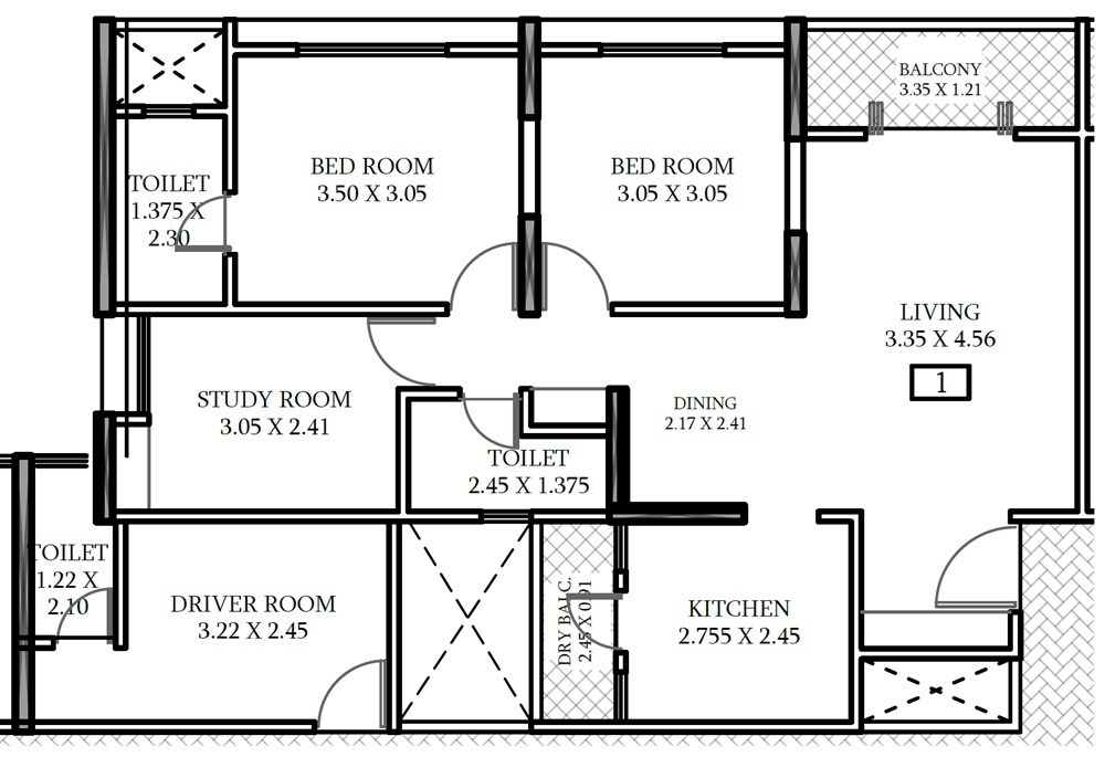 Floor plan of 2 BHK 833 Sq. Ft. Apartment in Shriram Sky Park, Pune
