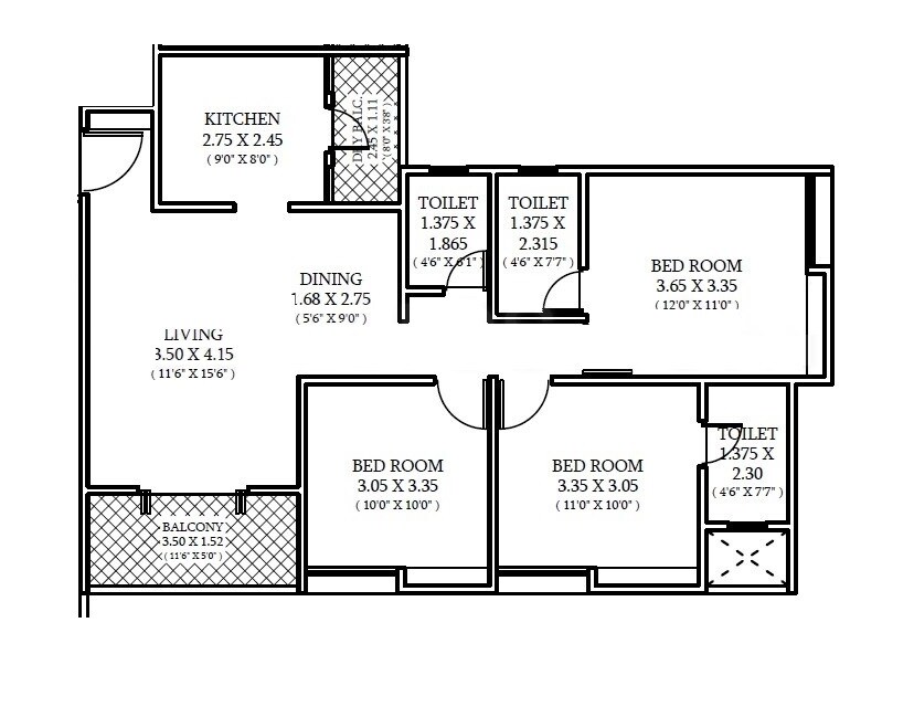 Floor plan of 3 BHK 1008 Sq. Ft. Apartment in Shriram Vivaan Park, Pune