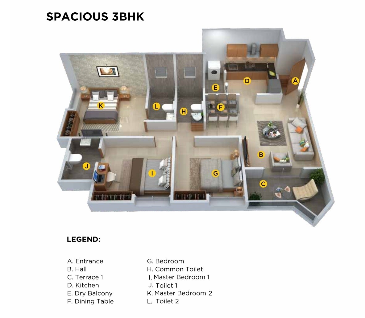 Floor plan of 3 BHK 968 Sq. Ft. Apartment in Shriram Vivaan Park, Pune