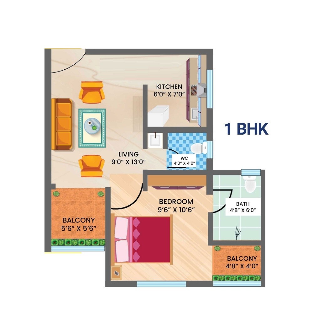 Floor plan of 1 BHK 355 Sq. Ft. Apartment in Shrivar Girivar Residency, Pune